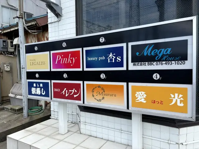 「Mega House」の横長集合看板