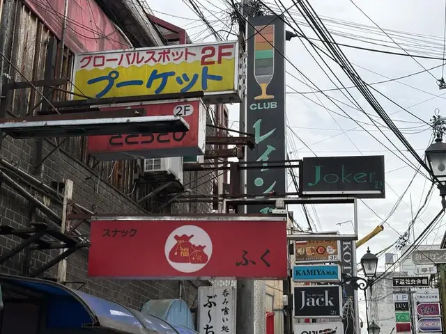 「ブーメラン」「ととろこ」「ふく」などが重なる路地の集合看板