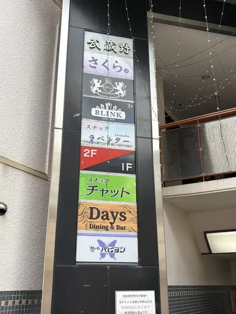 武蔵野BLDの入口に並ぶ「BLINK」「チャット」「Days」などの案内看板