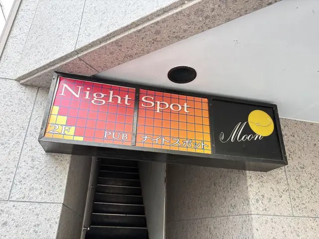 階段入口に掲げられた横長の「Night Spot Moon」看板