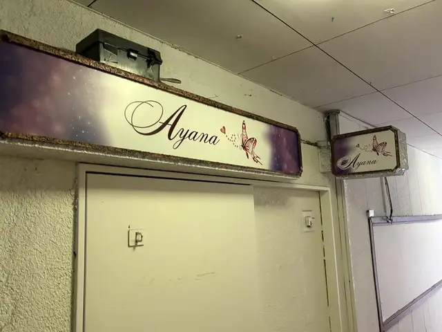 富山・桜木町の通路上部に連なる「Ayana」周辺の看板